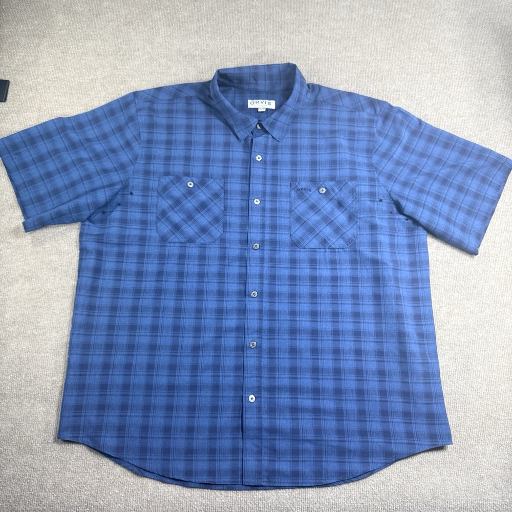 Orvis Shirt Mens 2XL Blue Plaid Short Sleeve Button Up‎ Classic Collection
